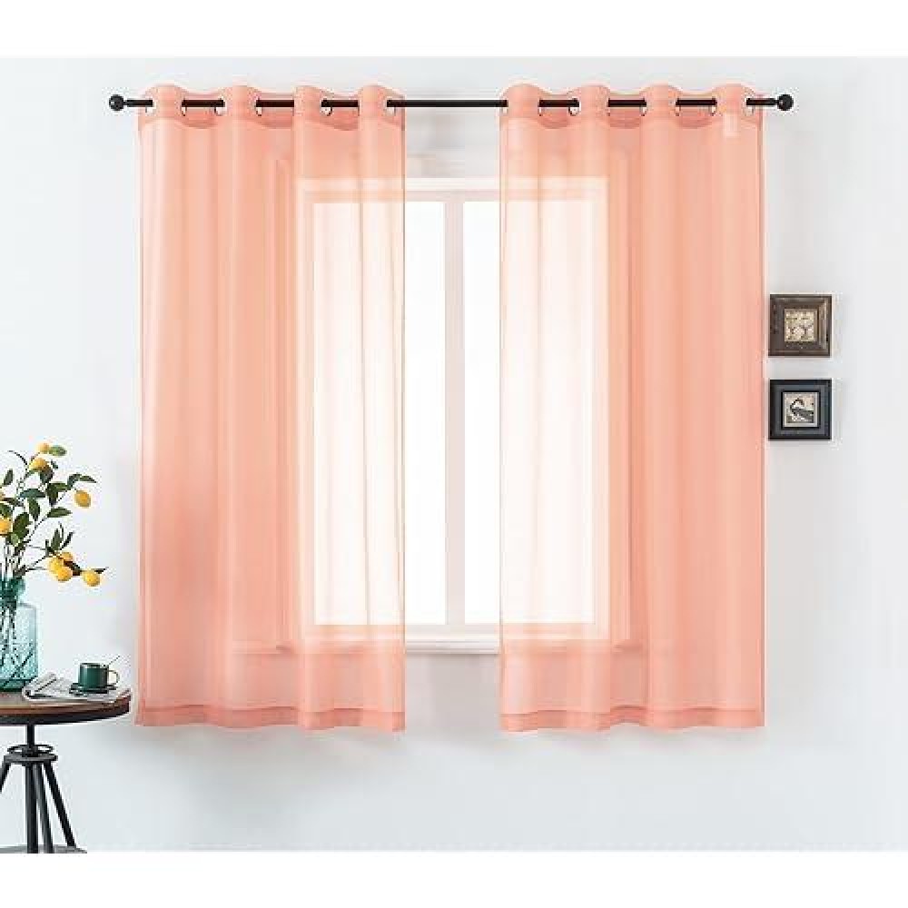 Dualife Blush Pink Sheer Curtains 54 Inches Long For Girls Room With Rod Pocket Small Short Sheer Pink Voile Window Drapes 54 In