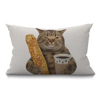 Smooffly Funny Cat Farmhouse Oblong Rectangle Throw Pillow Cover The Cat Is Holding A Cup Of Black Coffee And A Baguette Decorat