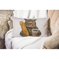 Smooffly Funny Cat Farmhouse Oblong Rectangle Throw Pillow Cover The Cat Is Holding A Cup Of Black Coffee And A Baguette Decorat