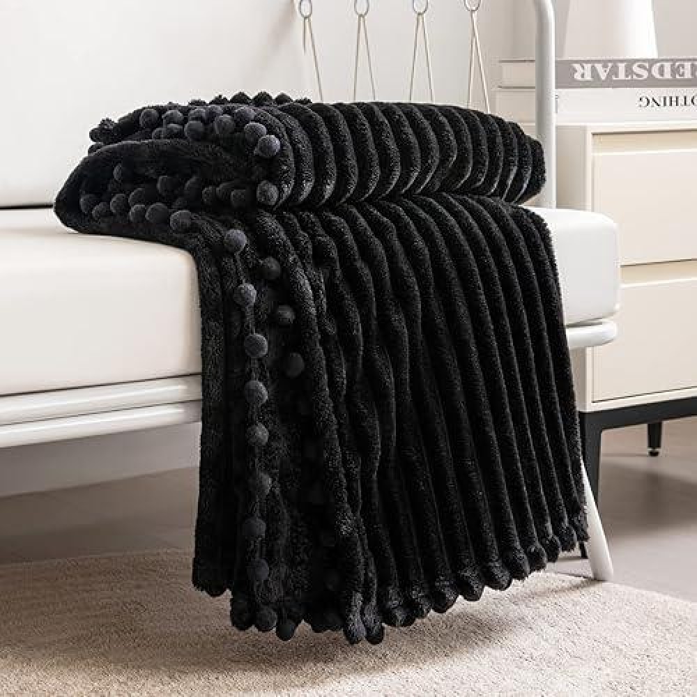 Dissa Fleece Blanket Twin Size - 60X80  Black - Soft  Plush  Fluffy  Fuzzy  Warm  Cozy - Perfect Throw For Couch  Bed  Sofa - With Pompom Fringe - Flannel Blanket