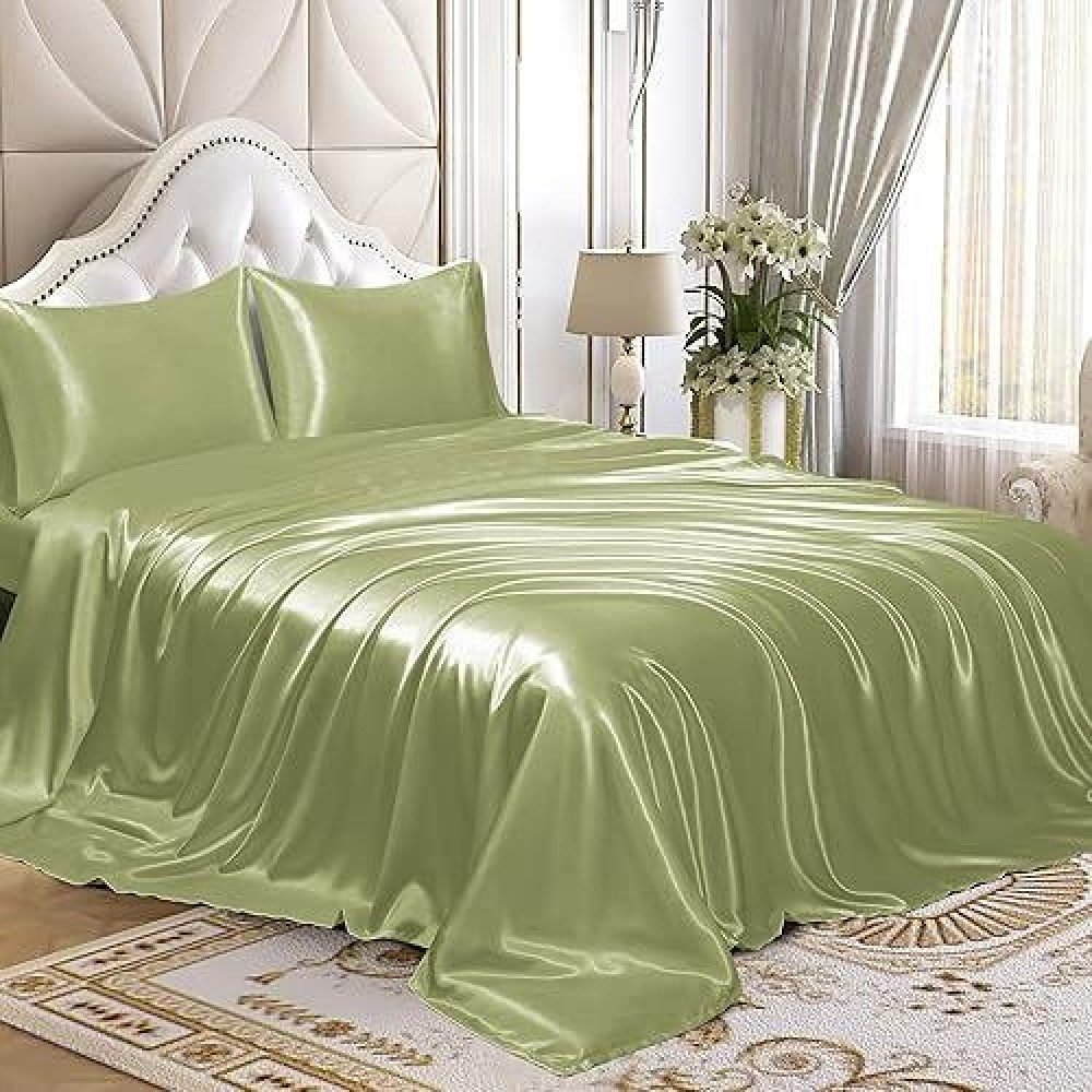 Homiest 4Pcs Satin Sheets Set Luxury Silky Satin Bedding Set With Deep Pocket 1 Fitted Sheet 1 Flat Sheet 2 Pillowcases Qu