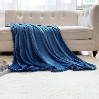 Lomao Flannel Blanket With Pompom Fringe Lightweight Cozy Bed Blanket Soft Throw Blanket Fit Couch Sofa Suitable For All Season