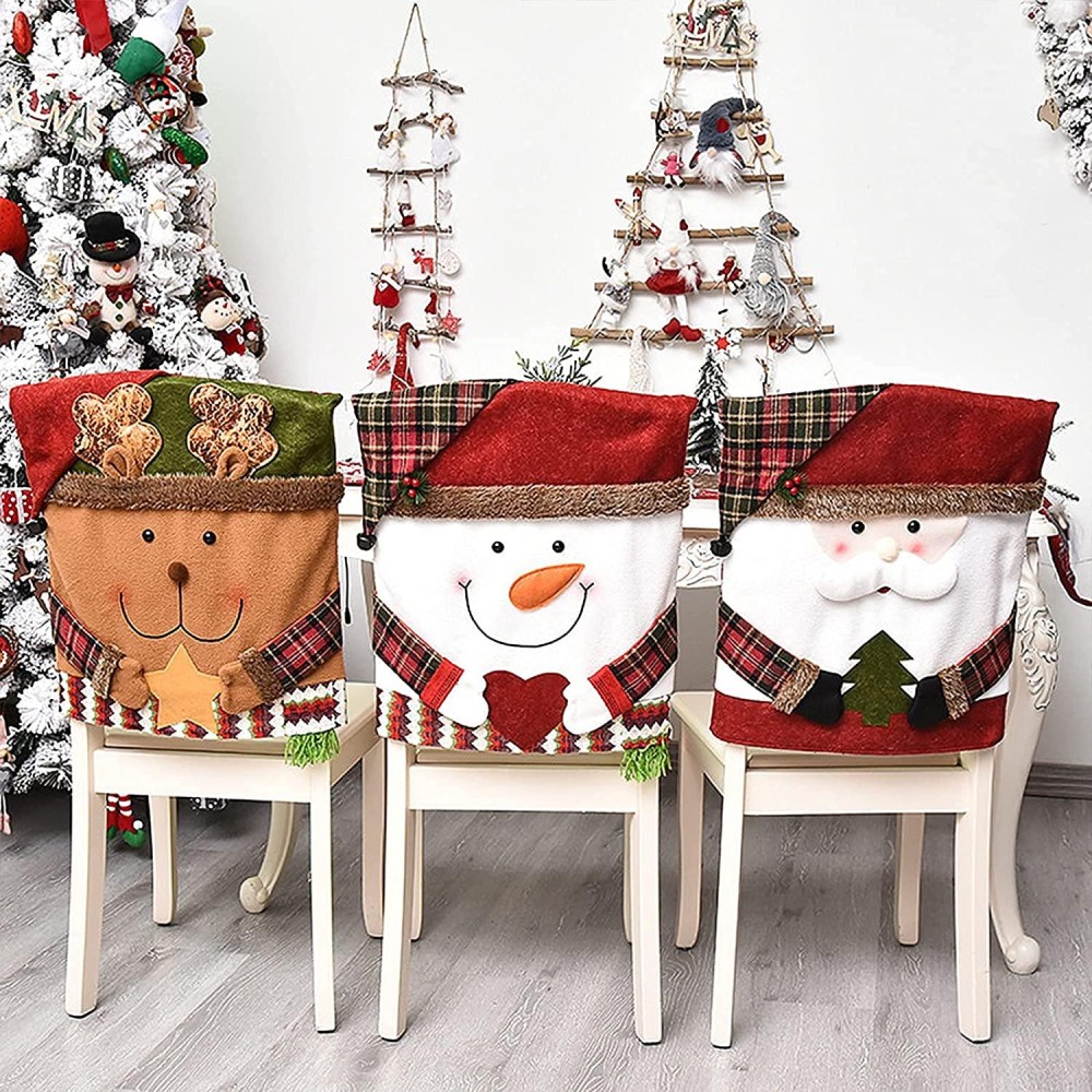 Dcqry 6 Pcs Christmas Chair Back Cover For Dining Room, Santa Claus Snowman Reindeer Xmas Dinner Chairs Cover, Chair Slipcover For Kitchen Hotel Holiday Party Decor