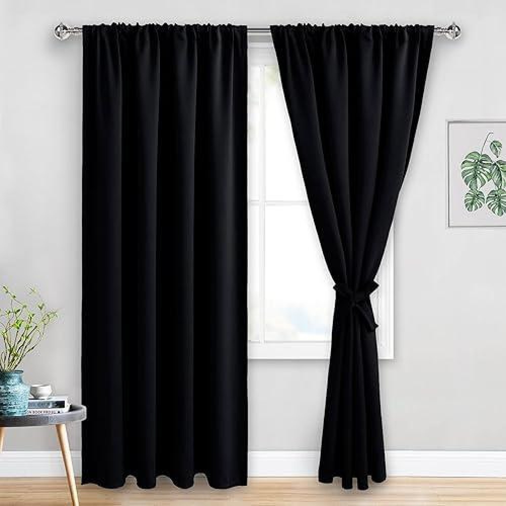 Jiuzhen Halloween Black Blackout Curtains For Bedroom Curtains 84 Inch Length 2 Panels Set With Tiebacks Thermal Insulated Ro