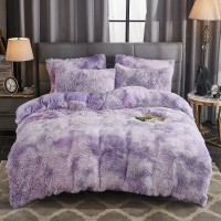 Werdim Shaggy Fluffy Tie Dye Duvet Cover Set Button Closure Velvety Bedding Set Comforter Cover With Pillowcases Tie Dye Lilac