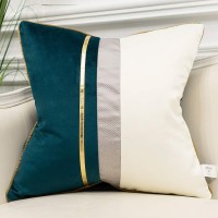 Avigers 22 X 22 Inches Teal White Gold Leather Striped Patchwork Velvet Cushion Case Luxury Modern Throw Pillow Cover Decorative