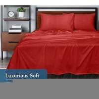 Royale Linens 400 Thread Count 100% American Grown Cotton 4 Piece Sateen Queen Sheet Set - 1 Fitted Sheet  1 Flat Sheet  2 Pillow Case - Red Queen Bedsheet - Cotton Sheets - (Queen  Red)