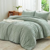 Andency Sage Green Tufted Comforter Set Queen(90X90Inch)  3 Pieces(1 Tufts Comforter  2 Pillowcases) Boho Textured Farmhouse Comforter  Microfiber Down Alternative Geometric Comforter Bedding Set