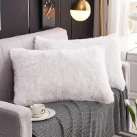 Werdim Shaggy Fluffy Faux Fur Pillowcases 2 Pack Button Closure Velvet Pillow Shams King Size White 20 X 36 Inches