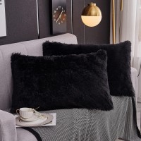 Werdim Shaggy Fluffy Faux Fur Pillowcases 2 Pack Button Closure Velvet Pillow Shams King Size Black 20 X 36 Inches