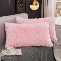 Werdim Shaggy Fluffy Faux Fur Pillowcases 2 Pack Button Closure Velvet Pillow Shams King Size Pink 20 X 36 Inches