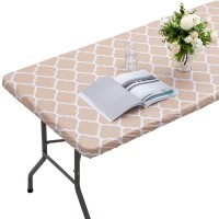 Vinyl Fitted Table Cover For 6 Ft Rectangle Table, Khaki Moroccan Design, Waterproof Elastic Edge Tablecloth With Flannel Backed Lining, Fits 28