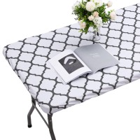 Vinyl Fitted Table Cover For 6 Ft Rectangle Table, White Moroccan Design, Waterproof Elastic Edge Tablecloth With Flannel Backed Lining, Fits 30