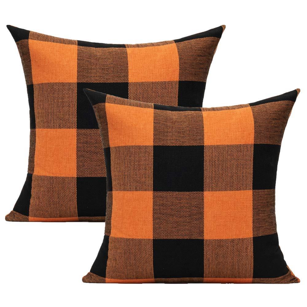 Halloween Orange And Black Buffalo Plaids Decorative Throw Pillow Covers Fall Farmhouse Classic Retro Rustic Cotton Linen Square