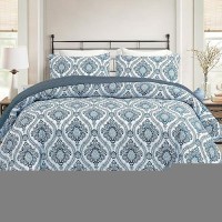 Exclusivo Mezcla Reversible Boho Quilt Set King Size 3 Pieces Damask Blue All Season Bedspreads Ultra Soft Floral Coverlet Bed