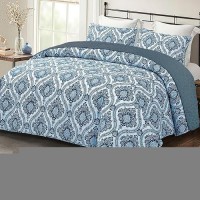 Exclusivo Mezcla Reversible Boho Quilt Set King Size 3 Pieces Damask Blue All Season Bedspreads Ultra Soft Floral Coverlet Bed