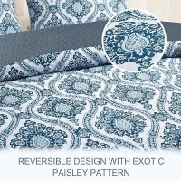 Exclusivo Mezcla Reversible Boho Quilt Set King Size 3 Pieces Damask Blue All Season Bedspreads Ultra Soft Floral Coverlet Bed