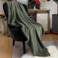 Lomao Flannel Blanket With Pompom Fringe Lightweight Cozy Bed Blanket Soft Throw Blanket Fit Couch Sofa Suitable For All Season