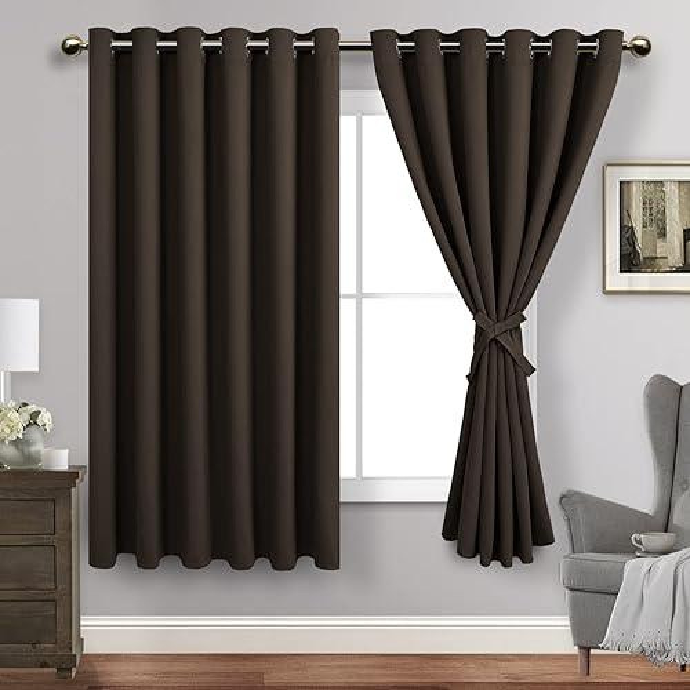 Jiuzhen Brown Blackout Curtains With Tiebacks Thermal Insulated Light Blocking And Noise Reducing Grommet Curtains For Bedroo