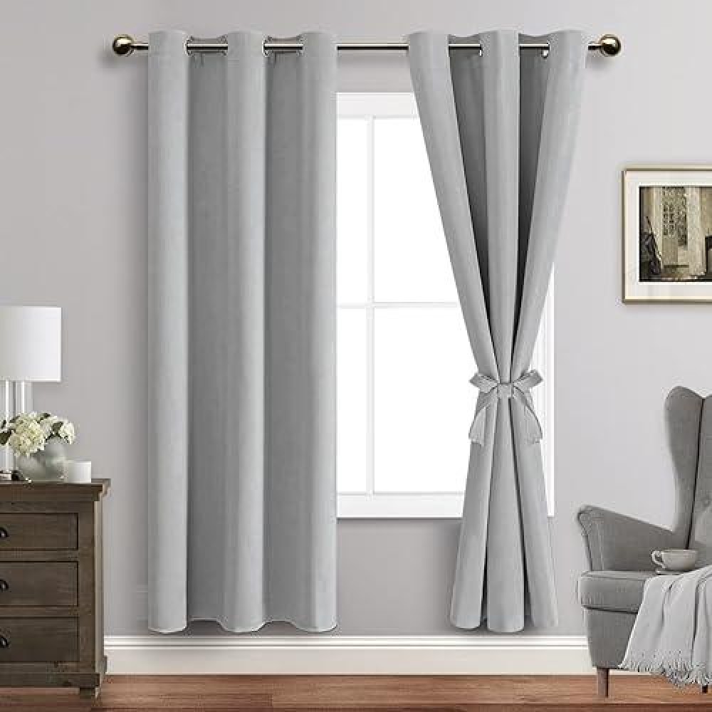 Jiuzhen Silver Grey Blackout Curtains With Tiebacks Thermal Insulated Light Blocking And Noise Reducing Grommet Curtains For An