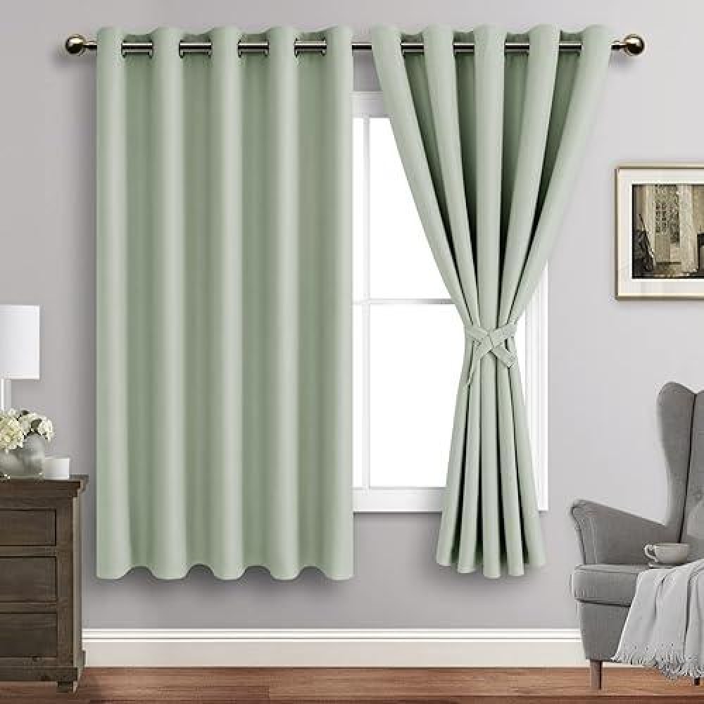 Jiuzhen Light Green Blackout Curtains With Tiebacks Thermal Insulated Light Blocking And Noise Reducing Grommet Curtains For An