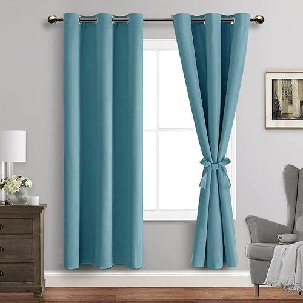 Jiuzhen Turquoise Blackout Curtains With Tiebacks Thermal Insulated Light Blocking And Noise Reducing Grommet Curtains For Bedr