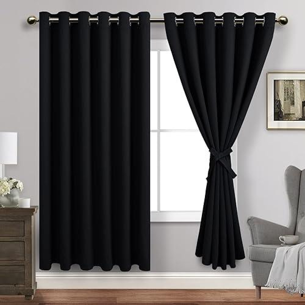 Jiuzhen Black Blackout Curtains With Tiebacks Thermal Insulated Light Blocking And Noise Reducing Grommet Curtains For Bedroo