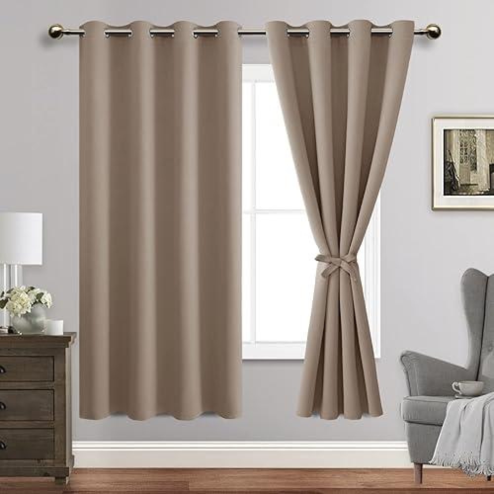 Jiuzhen Taupe Blackout Curtains With Tiebacks Thermal Insulated Light Blocking And Noise Reducing Grommet Curtains For Bedroo