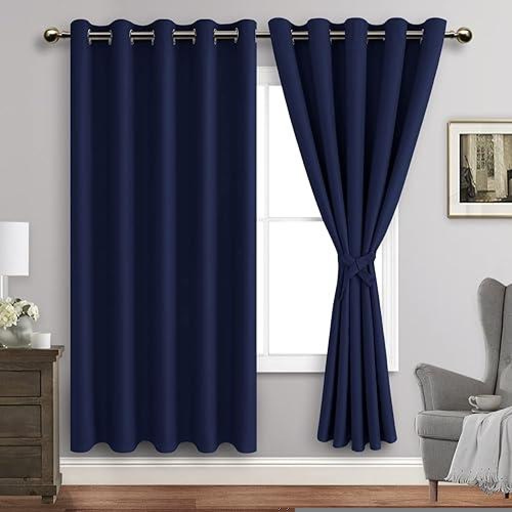 Jiuzhen Navy Blue Blackout Curtains With Tiebacks Thermal Insulated Light Blocking And Noise Reducing Grommet Curtains For Bedr