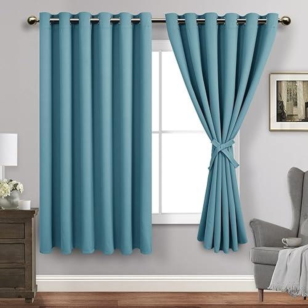 Jiuzhen Turquoise Blackout Curtains With Tiebacks Thermal Insulated Light Blocking And Noise Reducing Grommet Curtains For Bedr