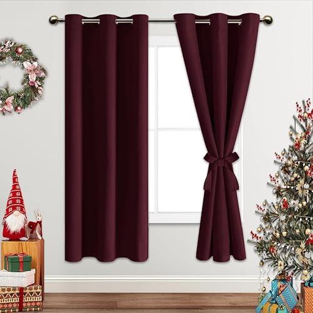 Jiuzhen Burgundy Blackout Curtains With Tiebacks Thermal Insulated Light Blocking And Noise Reducing Grommet Curtains For Bedro