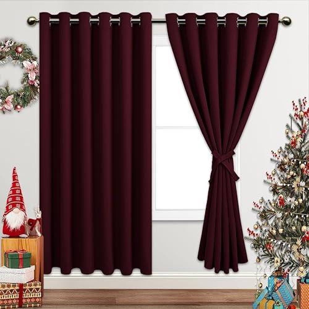 Jiuzhen Burgundy Blackout Curtains With Tiebacks Thermal Insulated Light Blocking And Noise Reducing Grommet Curtains For Bedro