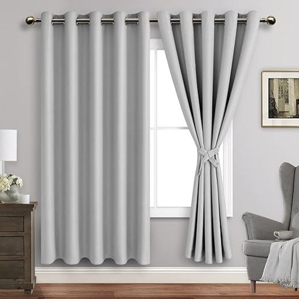 Jiuzhen Silver Grey Blackout Curtains With Tiebacks Thermal Insulated Light Blocking And Noise Reducing Grommet Curtains For An