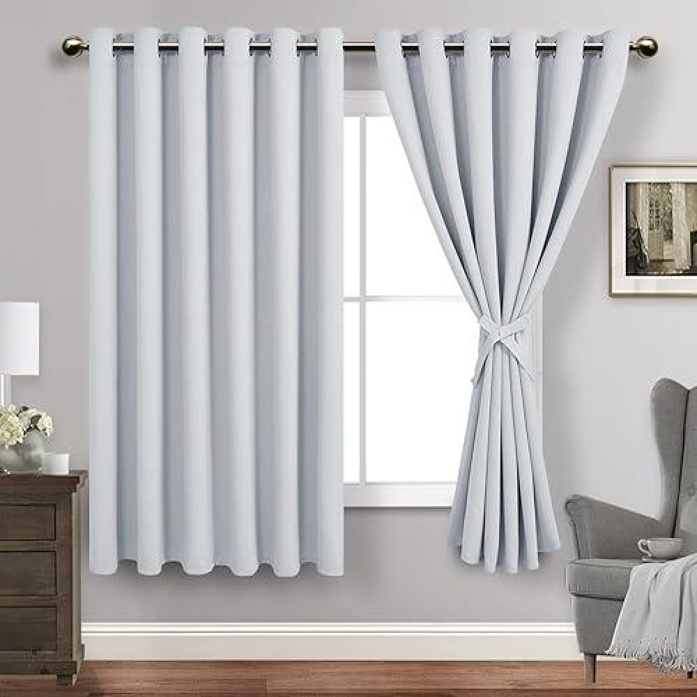 Jiuzhen Greyish White Blackout Curtains With Tiebacks Thermal Insulated Light Blocking And Noise Reducing Grommet Curtains For