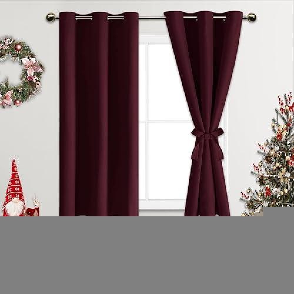 Jiuzhen Burgundy Blackout Curtains With Tiebacks Thermal Insulated Light Blocking And Noise Reducing Grommet Curtains For Bedro