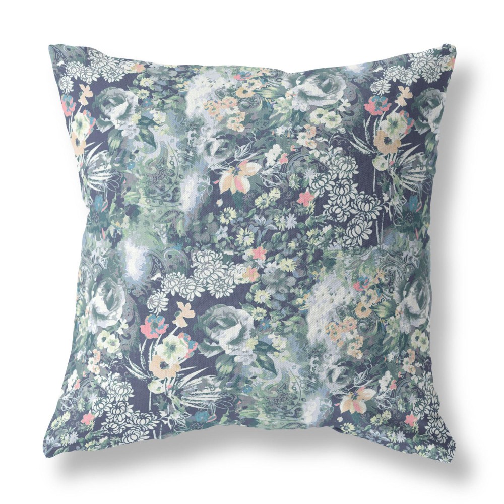 Sea Garden Rose Broadcloth Indoor Outdoor Blown And Closed Pillow By Amrita Sen In Muted Green Grey Indigo