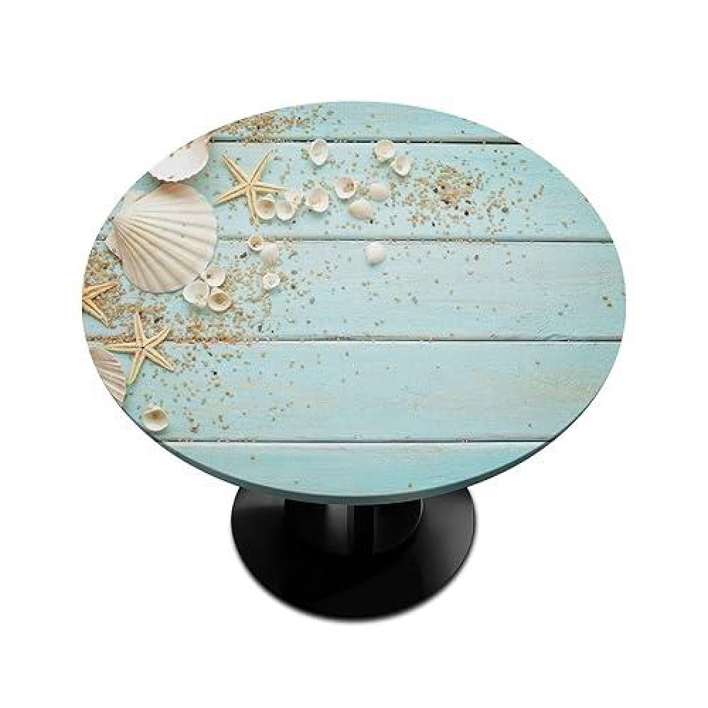 Beach Wood Texture Elastic Edge Round Tablecloth Shell Starfish Fitted Table Cover Waterproof Wipeable Round Table Cloth For Par