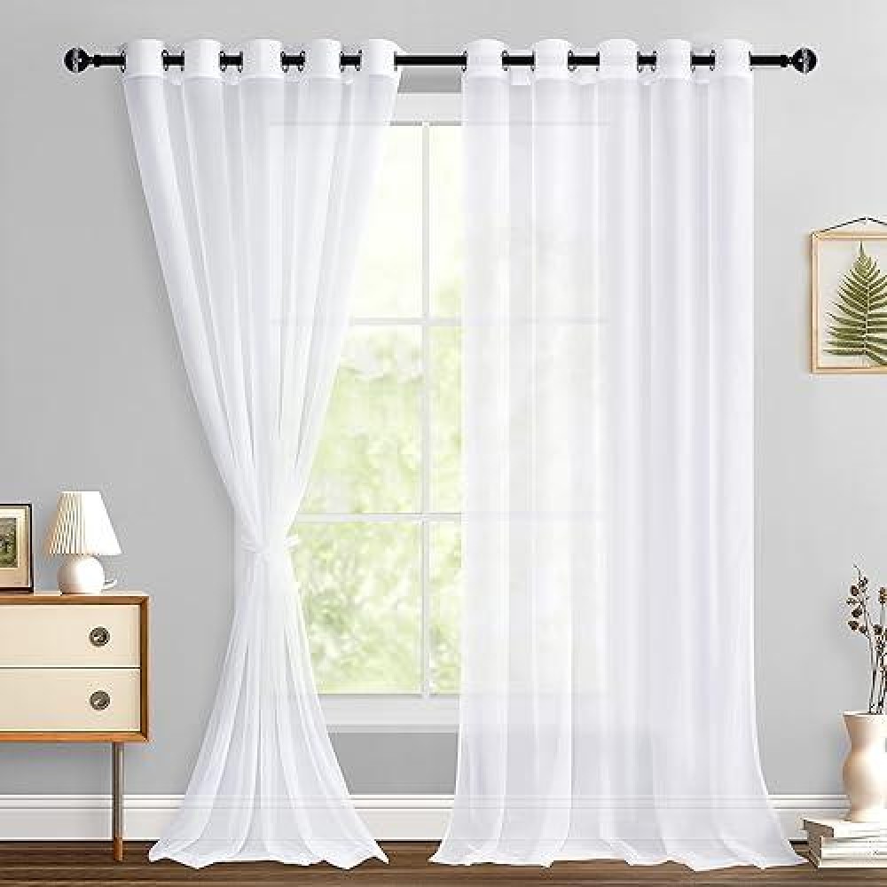 Hiasan White Sheer Curtains For Bedroom With Tiebacks Grommet Light Filtering Extra Wide Voile Window Curtains For Living Room