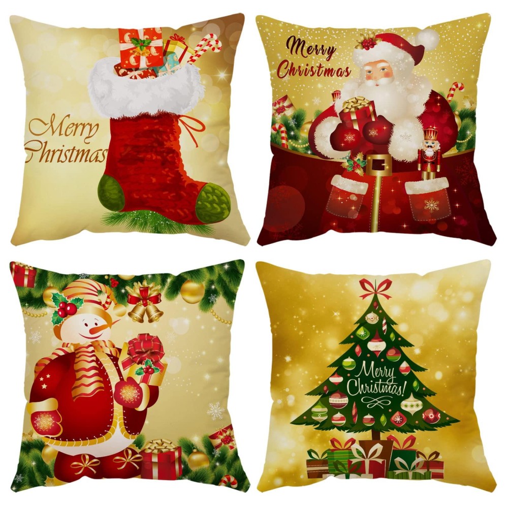 Merry Christmas Pillow Covers 24X24 Set Of 4 Velvet Christmas Pillow Cases Gold Xmas Holiday Throw Pillow Covers Soft Christmas