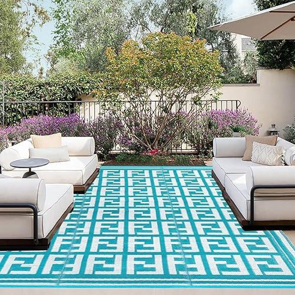 Outdoorlines Outdoor Plastic Area Rugs For Patio 4X6 Ft - Reversible Outside Carpet  Stain & Uv Resistant Rv Mats  Straw Rug For Camping  Deck Garden  Porch And Balcony  Geometry Teal & Light Grey