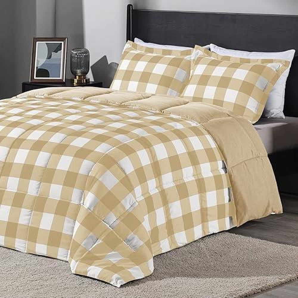 Downluxe Lightweight Plaid Comforter Set Queen With 2 Pillow Sham 3Piece Set Khakiwhite Plaid Down Alternative Reversi