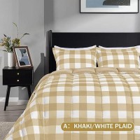 Downluxe Lightweight Plaid Comforter Set Queen With 2 Pillow Sham 3Piece Set Khakiwhite Plaid Down Alternative Reversi