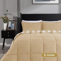 Downluxe Lightweight Plaid Comforter Set Queen With 2 Pillow Sham 3Piece Set Khakiwhite Plaid Down Alternative Reversi