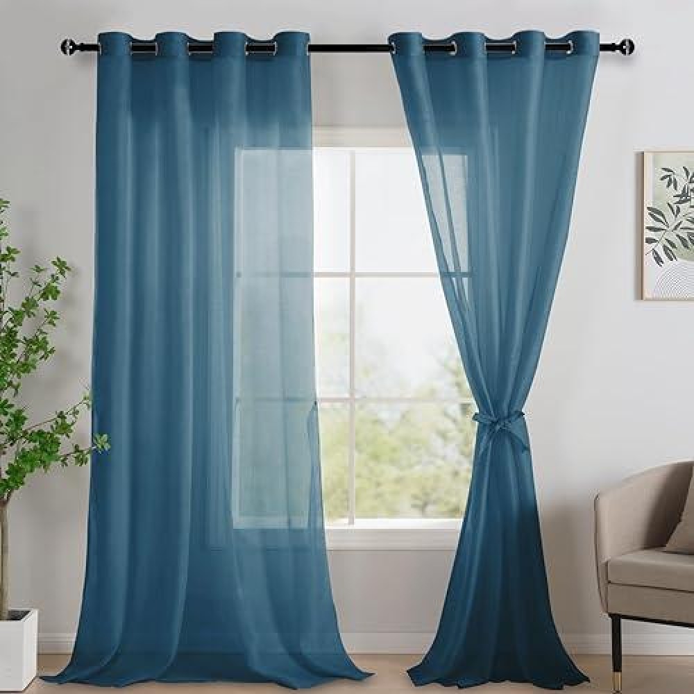 Jiuzhen Semi Sheer Curtains For Living Room 96 Inches Long With Tiebacks Light Filtering Grommet Window Curtains For Bedroomo