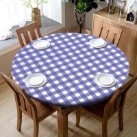 Fitable Round Vinyl Fitted Table Cover - Waterproof Checkered Elastic Edged Tablecloth Flannel Backed Wipeable Table Cloth For Spring/Summer Picnic Party, Navy/White (Fit For 57