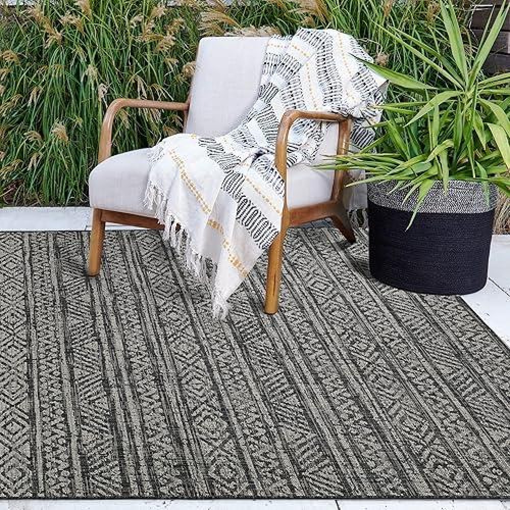 Fh Home Flat Woven Outdoor Rug Waterproof Easy To Clean Stain Resistant Premium Polypropylene Yarn Striped Boho Patio