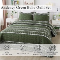 Andency Green Quilt Set Queen (90X96 Inch)  3 Pieces(1 Striped Triangle Printed Quilt And 2 Pillowcases)  Bohemian Summer Lightweight Reversible Microfiber Bedspread Coverlet Sets