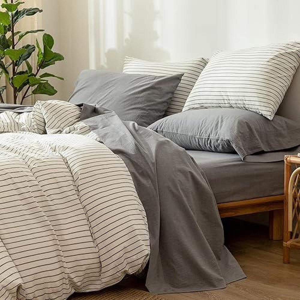 Moomee Bedding Sheet Set 100 Washed Cotton Linen Like Textured Breathable Durable Soft Comfy Light Grey Queen