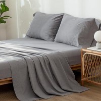 Moomee Bedding Sheet Set 100 Washed Cotton Linen Like Textured Breathable Durable Soft Comfy Light Grey Queen