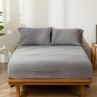 Moomee Bedding Sheet Set 100 Washed Cotton Linen Like Textured Breathable Durable Soft Comfy Light Grey Queen